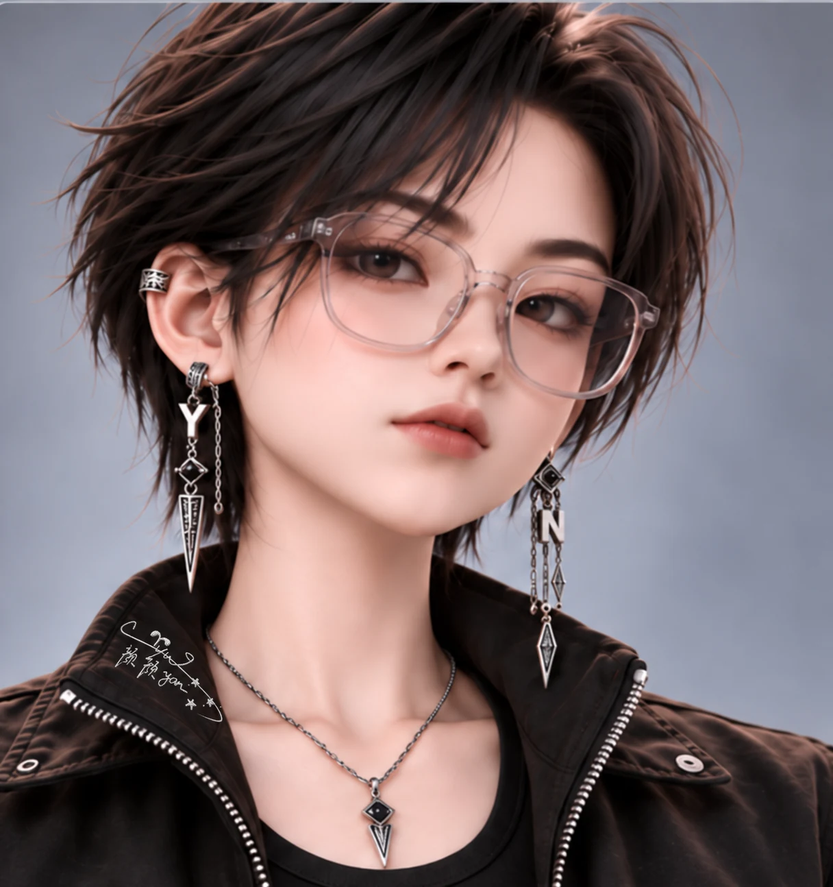 YANYAN_ 的个人 IP 肖像：透明眼镜、不对称耳饰和衣领签名